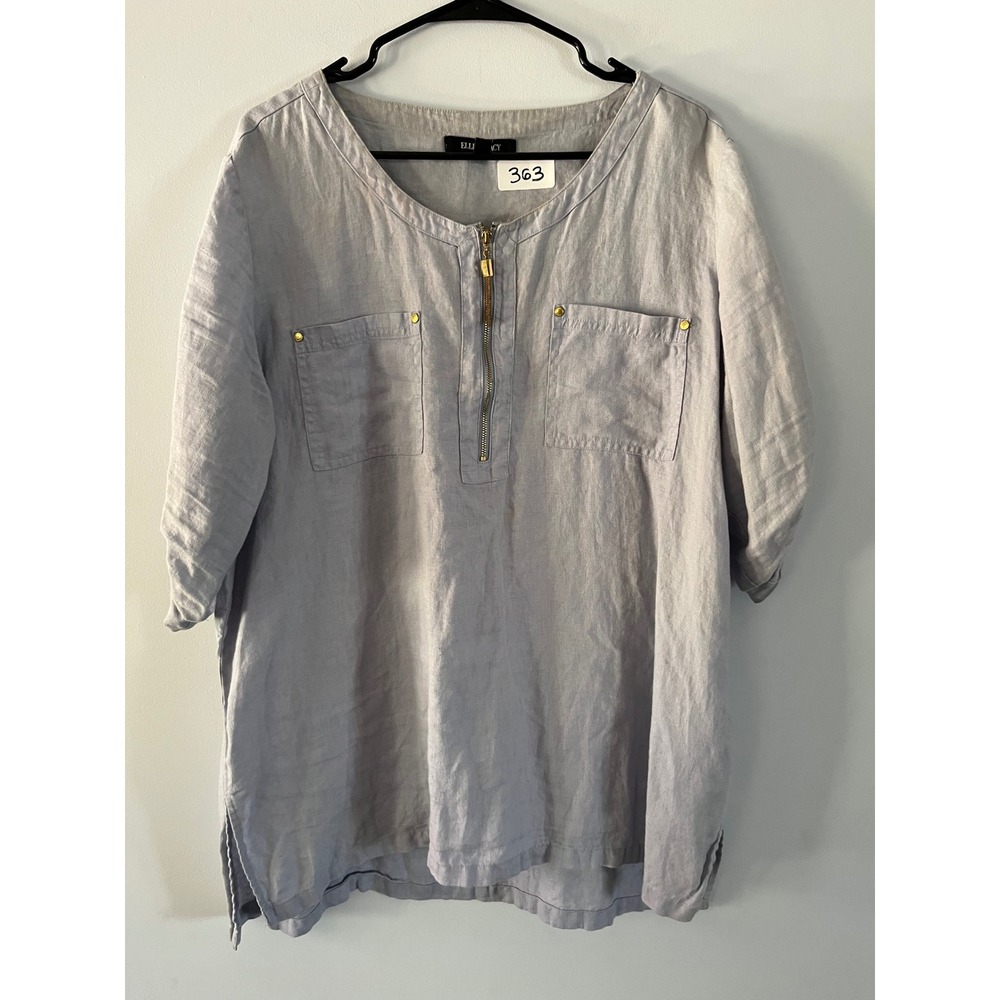 Ellen Tracy Women XL Light Blue Linen Zip Front Roll Tab Sleeve Tunic Blouse